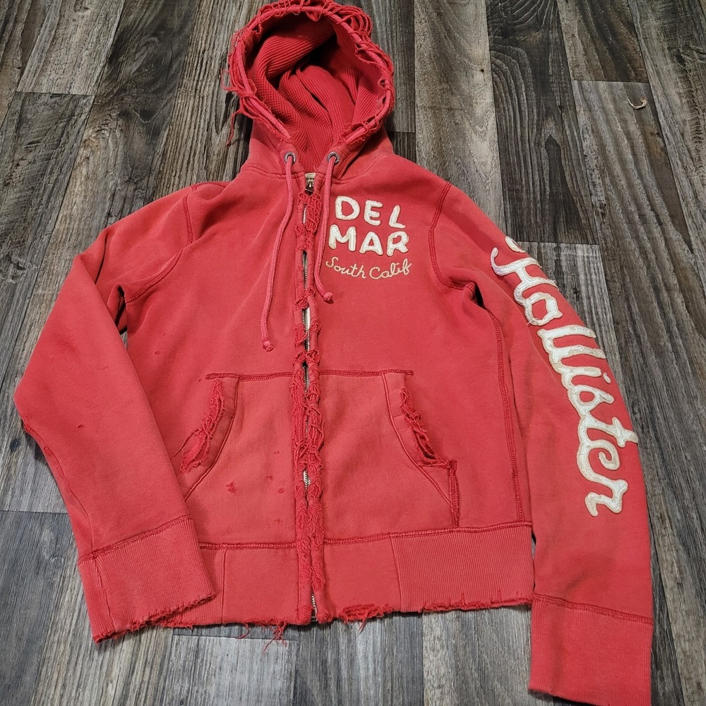 Hollister Del Mar Red Full Zip Hoodie Hoodie Men's Size Small Maximum Ditressing